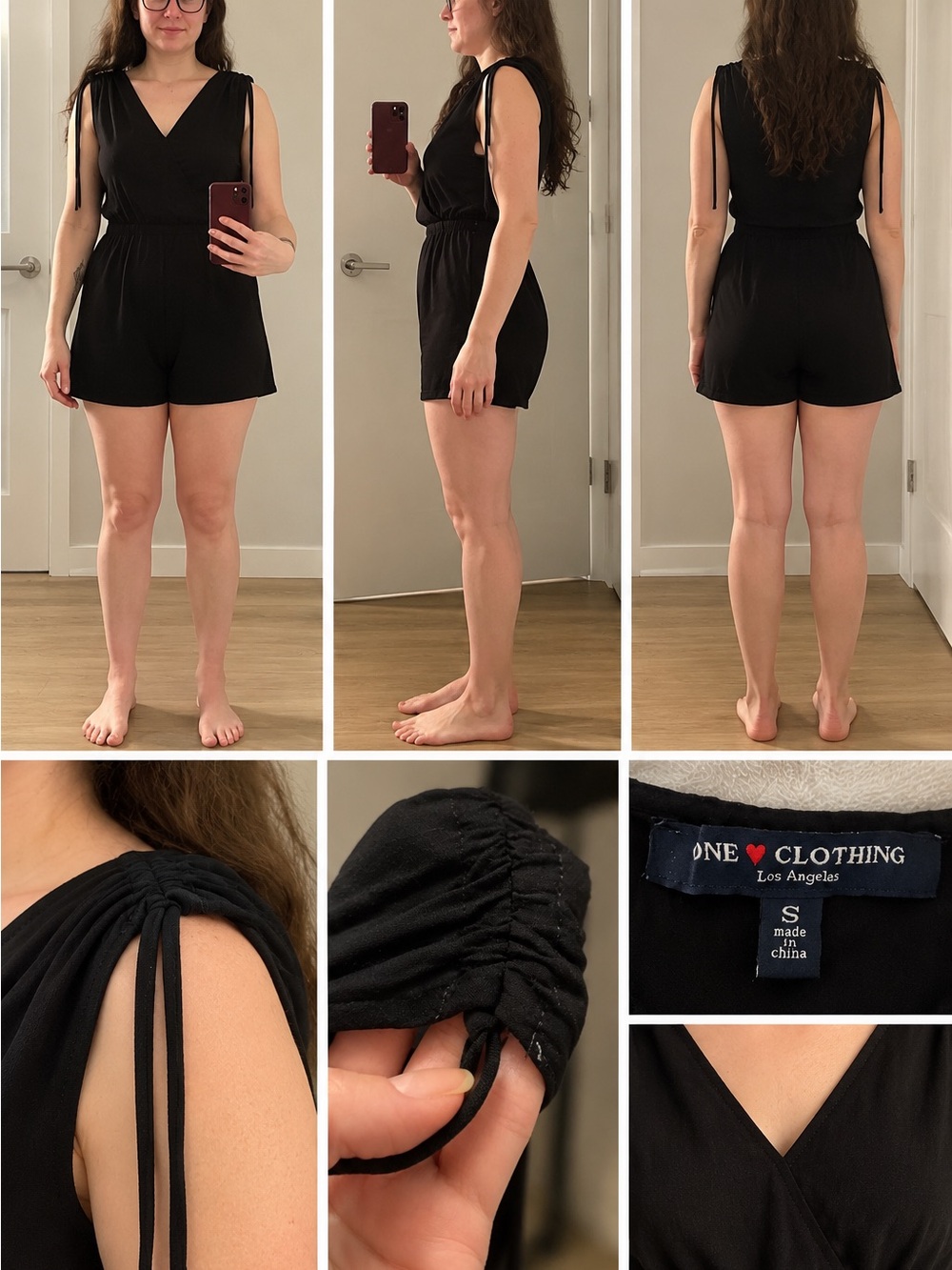 One Clothing Black V-Neck Ruched Tie Shoulder Romper